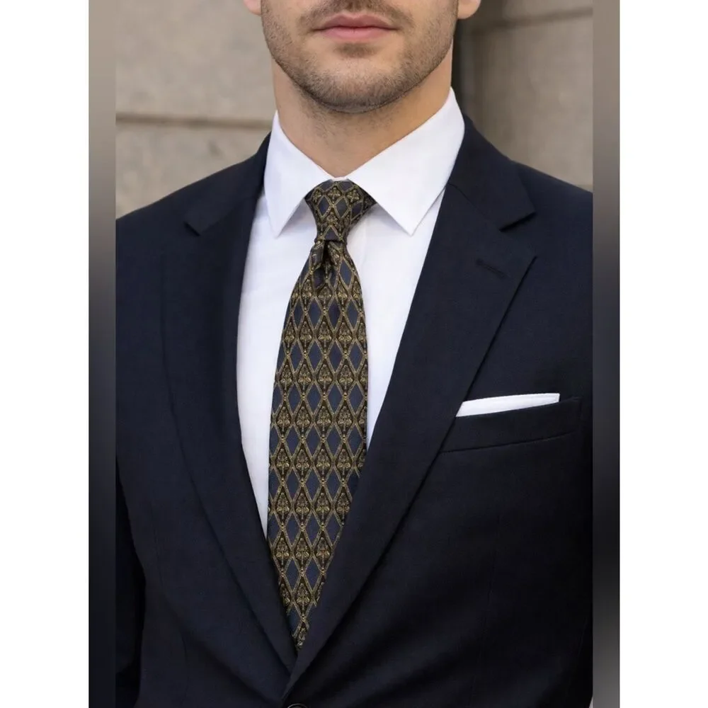Valentino Cravatte Silk Tie Blue Gold Diamond Medallion Made in Italy